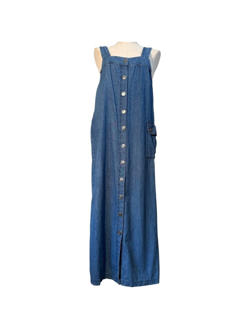Womens Blue Denim Maxi‎ Dress Button Front Vintage Match Size Medium Made In USA